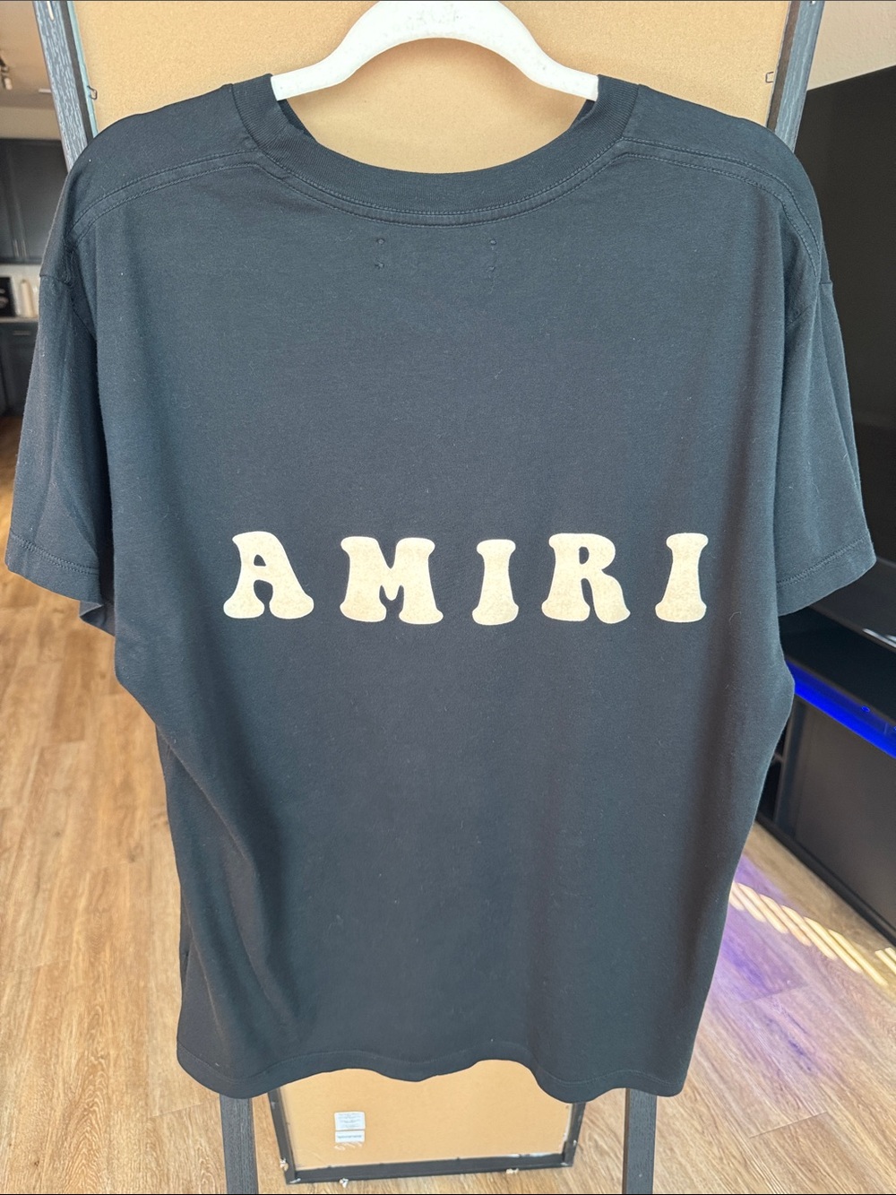 AMIRI Black Tee with Cream Logo - Short Sleeve Men’s Shirt